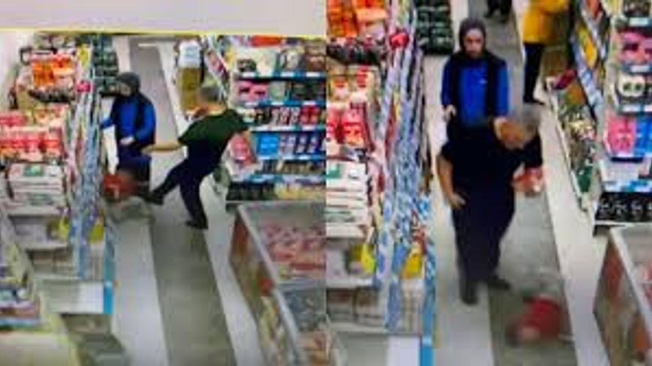 Markette küçük çocuğu tekmeleyen adam kameraya yansıdı