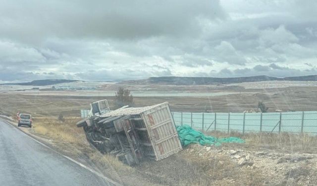 Kontrolden çıkan kamyon şarampole devrildi