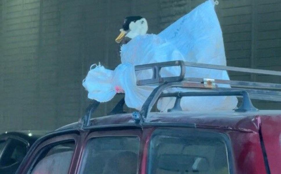 Aracın üzerindeki kazın ilginç yolculuğu kameraya yansıdı