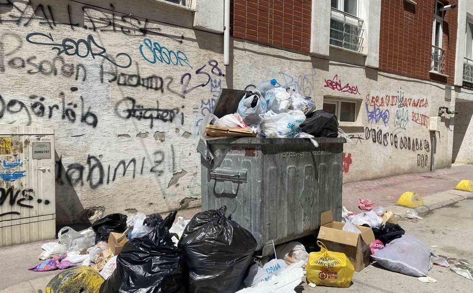 Güllük Mahallesinde yetersiz çöp konteynırı sebebiyle çöpler yollara taştı