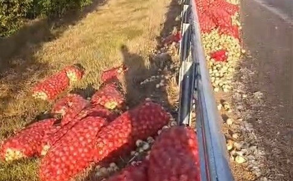 Kamyon devrildi, tonlarca soğan yola saçıldı: 2 yaralı