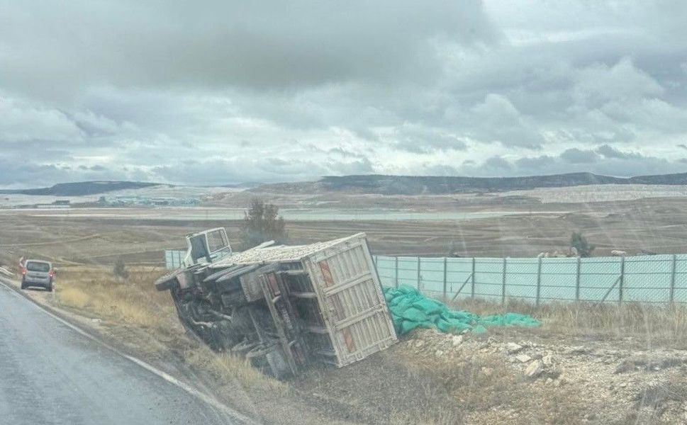 Kontrolden çıkan kamyon şarampole devrildi